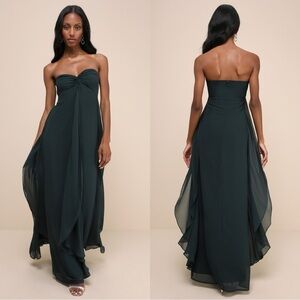 NWOT Lulus Intricate Perfection Emerald Green‎ Strapless Ruffled Maxi Dress